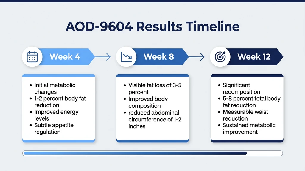 AOD-9604 before and after timeline showing fat loss expectations at 4, 8, and 12 weeks