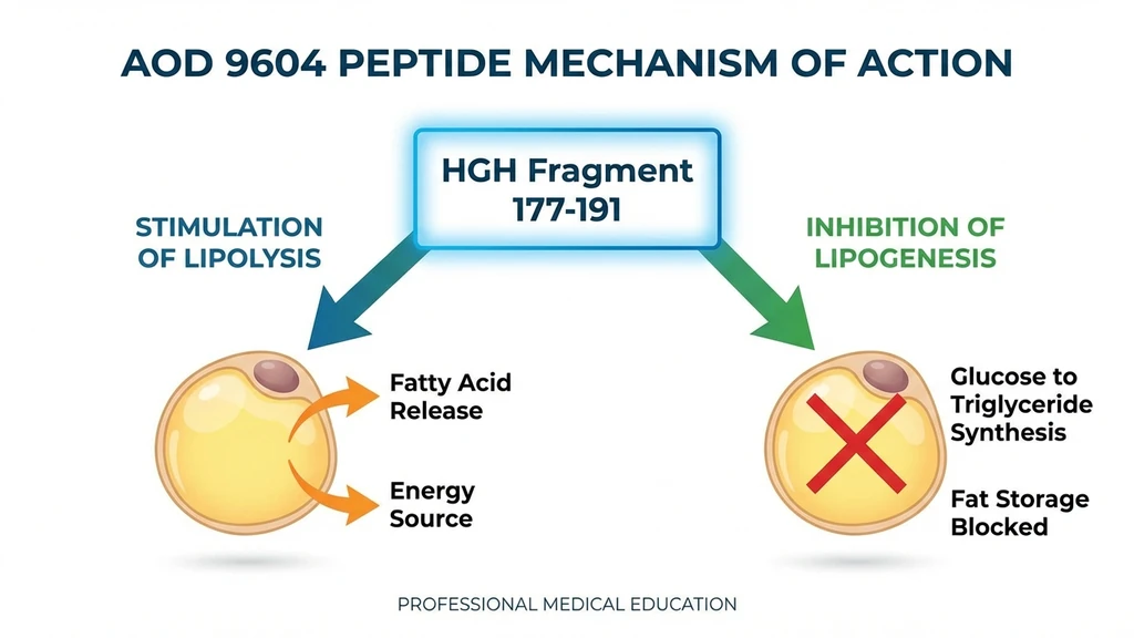 AOD 9604 mechanism of action showing HGH fragment 177-191 lipolysis and lipogenesis pathways