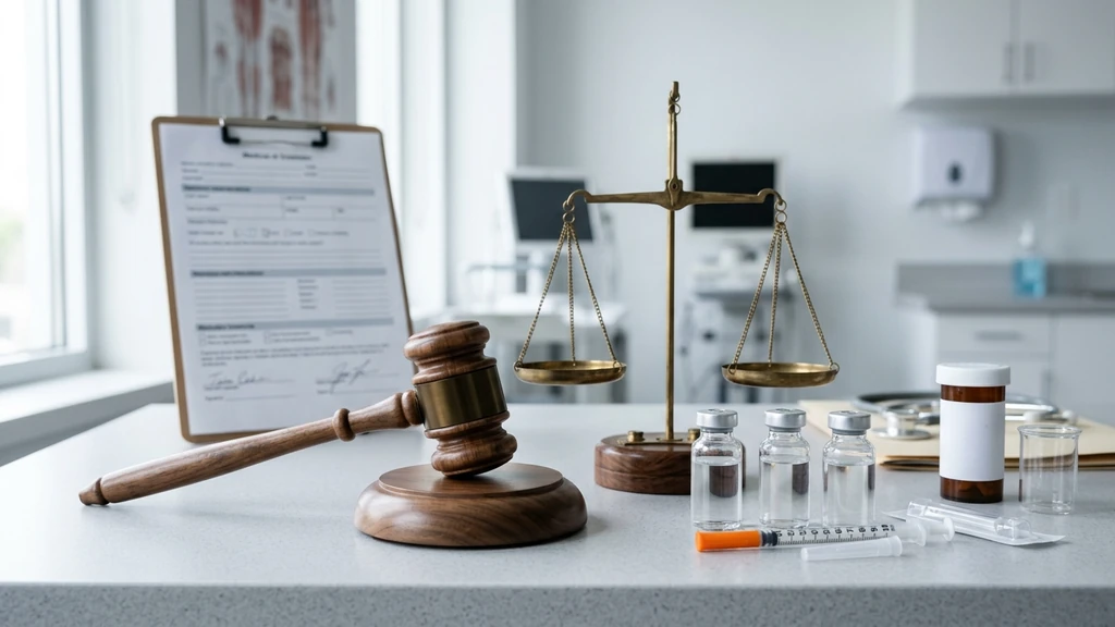 Peptide legality overview with gavel, scales of justice, and peptide vials on a medical desk