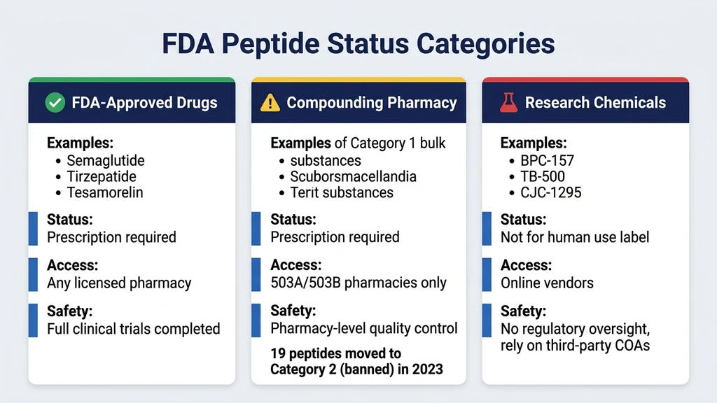 FDA peptide status categories comparing approved drugs, compounding pharmacy, and research chemicals