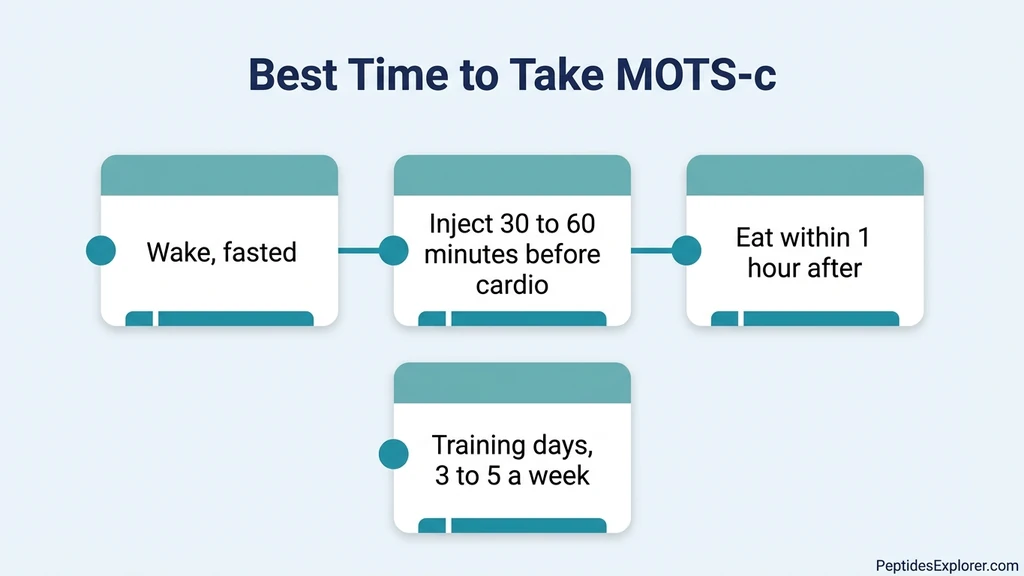 Best time to take MOTS-c: timing chart comparing a fasted morning pre-workout injection with evening dosing and weekly frequency patterns
