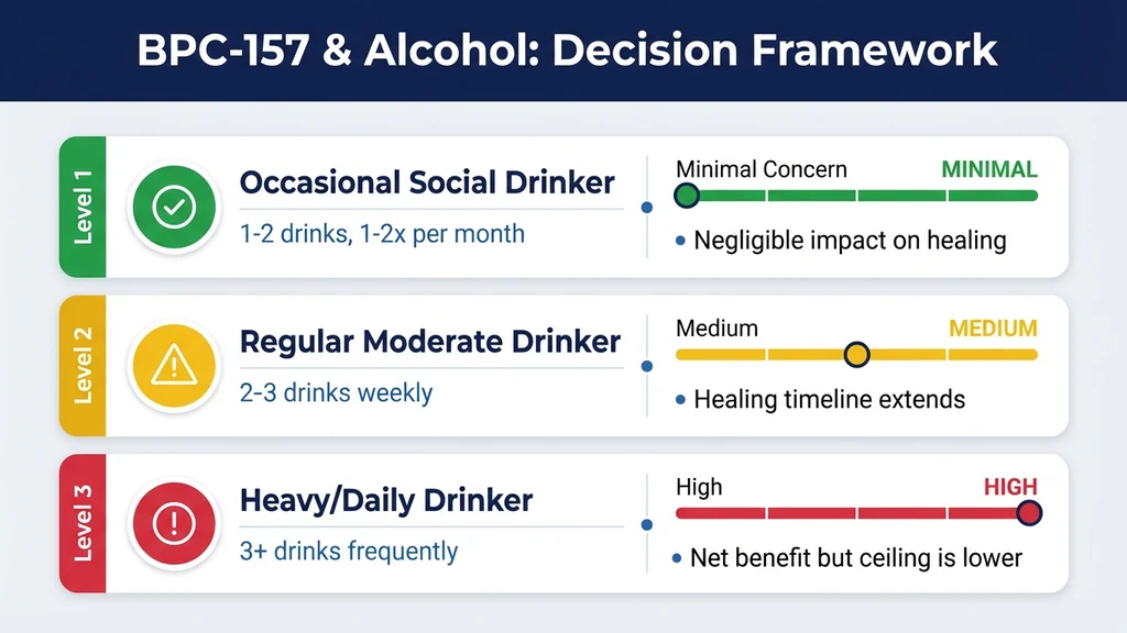 BPC-157 and alcohol decision framework with three tiers from occasional to heavy drinking