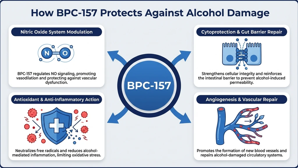 Four mechanisms of BPC-157 alcohol protection: NO modulation, cytoprotection, antioxidant action, angiogenesis