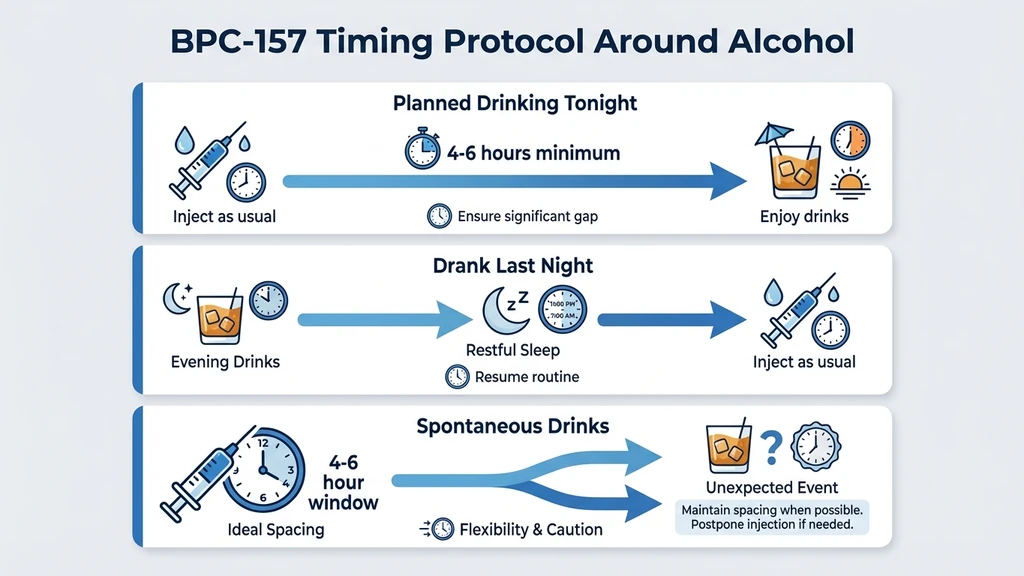 BPC-157 timing protocol showing 4-6 hour separation between injection and alcohol
