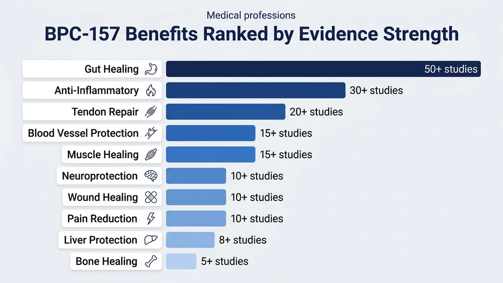 BPC-157 benefits ranked by evidence strength showing gut healing, anti-inflammatory, and tendon repair as top-studied effects