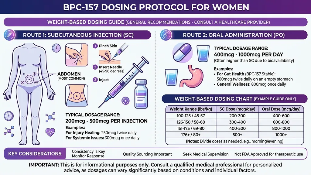 BPC-157 dosing protocol for women showing subcutaneous injection and oral administration options