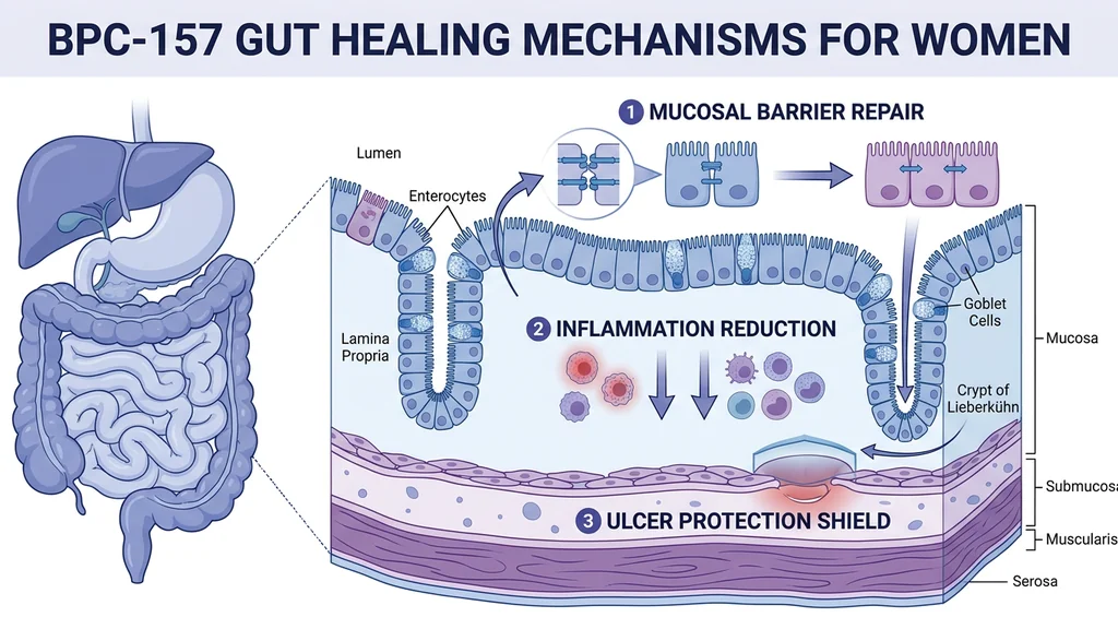 BPC-157 gut healing mechanisms for women including barrier repair, inflammation reduction, and ulcer protection