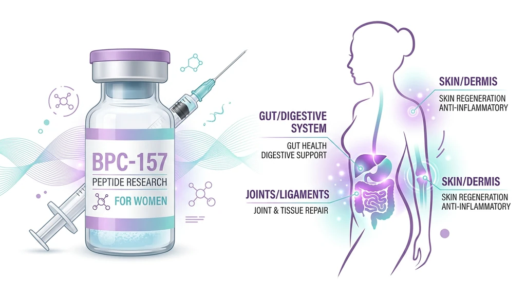 BPC-157 benefits for women overview showing peptide vial and female health icons