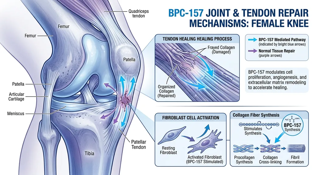 BPC-157 joint and tendon repair pathways for women showing collagen synthesis and fibroblast activation