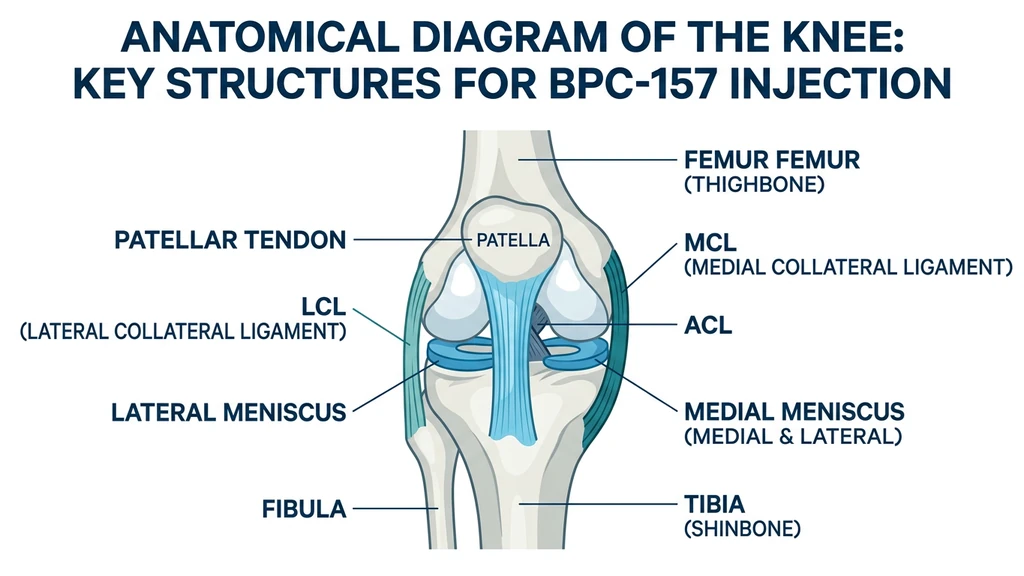 Anatomical diagram of knee showing ACL, MCL, LCL, meniscus, and patellar tendon positions with injection zones