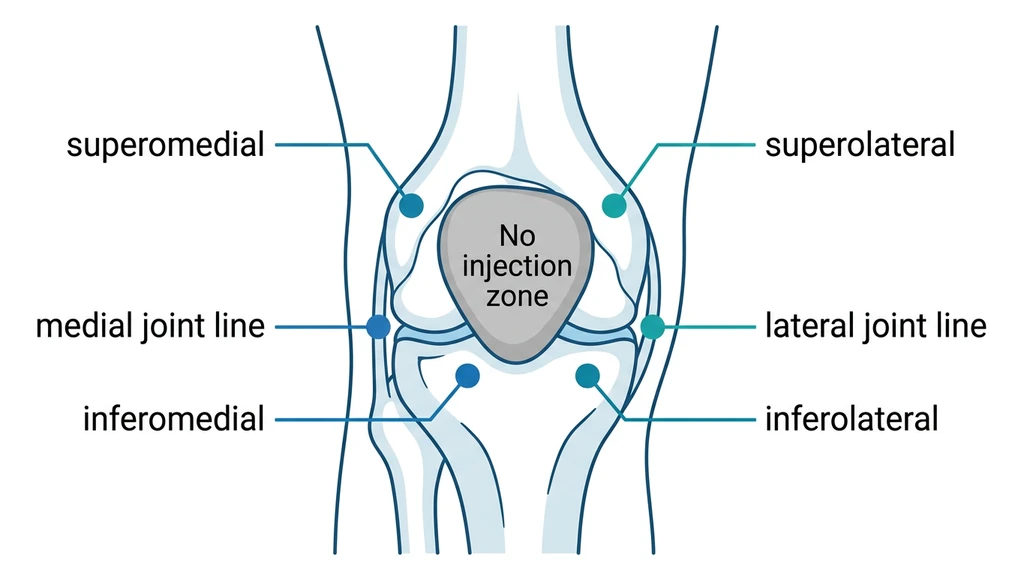 Diagram showing BPC-157 injection sites around the knee joint