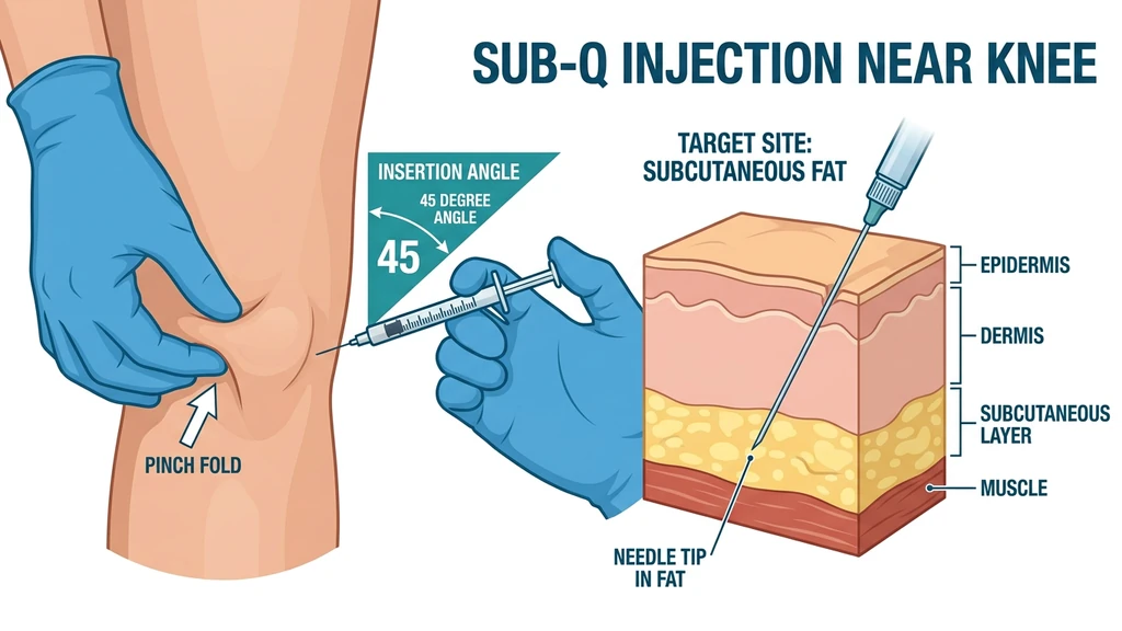 Step-by-step BPC-157 knee injection preparation showing supplies and technique