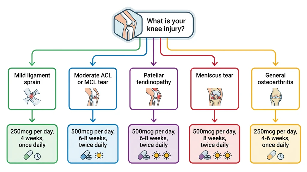 BPC-157 knee protocol flowchart: injury type determines dose, duration, and frequency