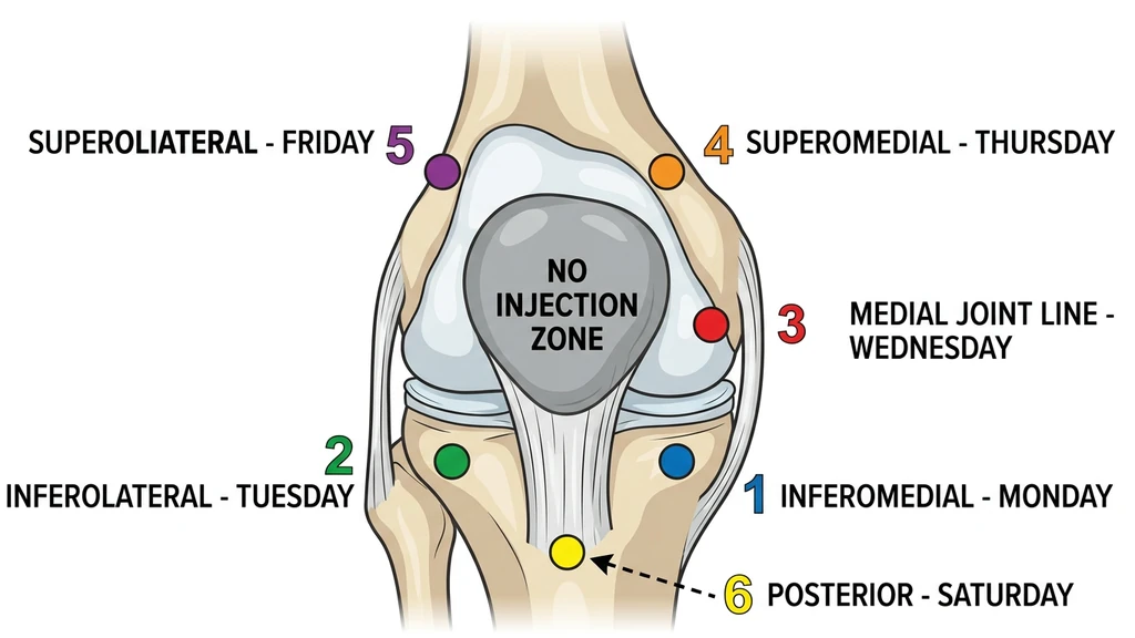 BPC-157 knee injection site rotation map with 6 subcutaneous sites around the kneecap