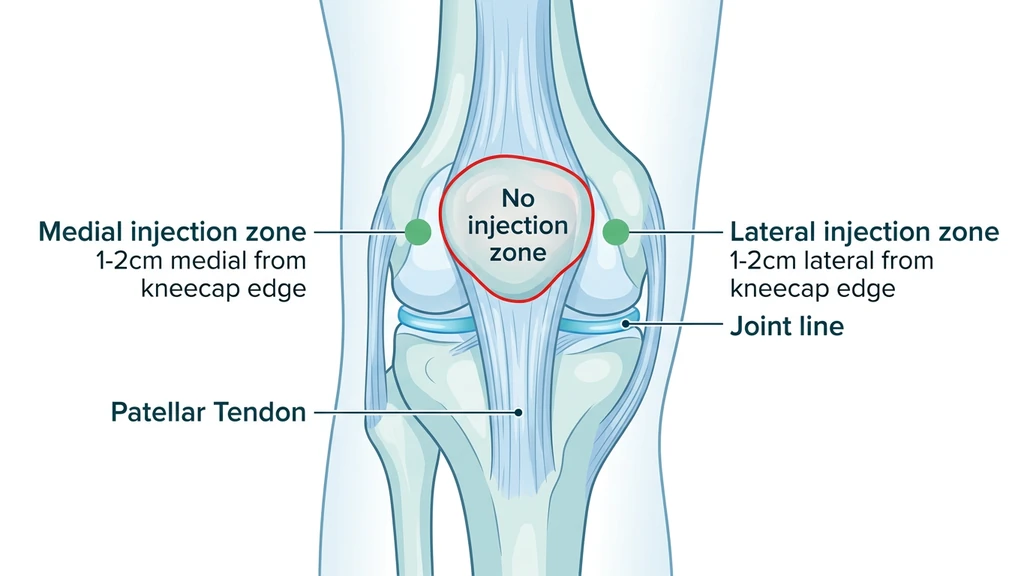 Knee anatomy diagram with tactile landmarks for BPC-157 injection sites