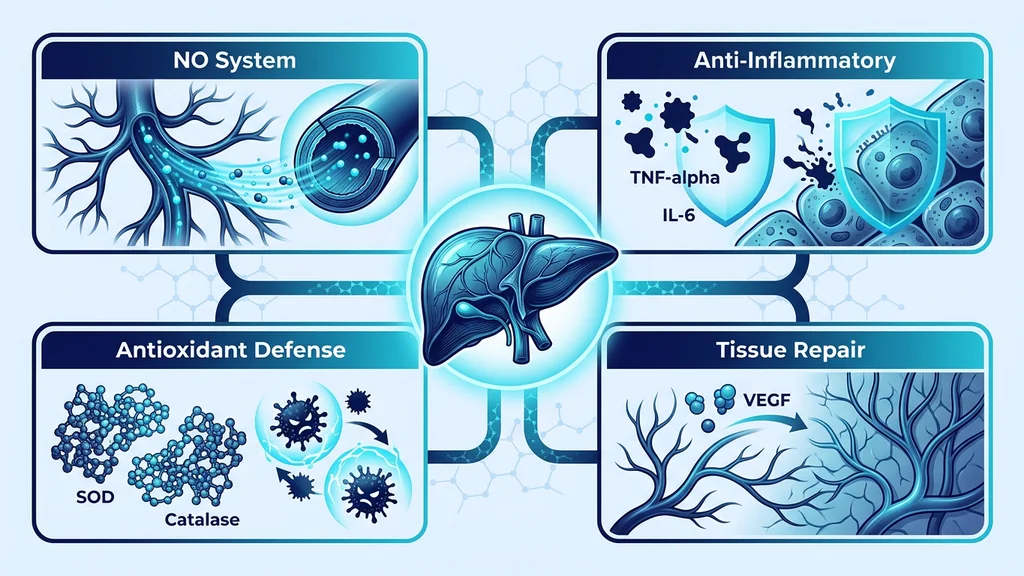 BPC-157 hepatoprotective mechanisms showing four protective pathways in liver tissue