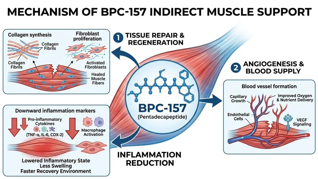BPC-157 mechanism diagram showing indirect muscle support through repair, angiogenesis, and inflammation reduction