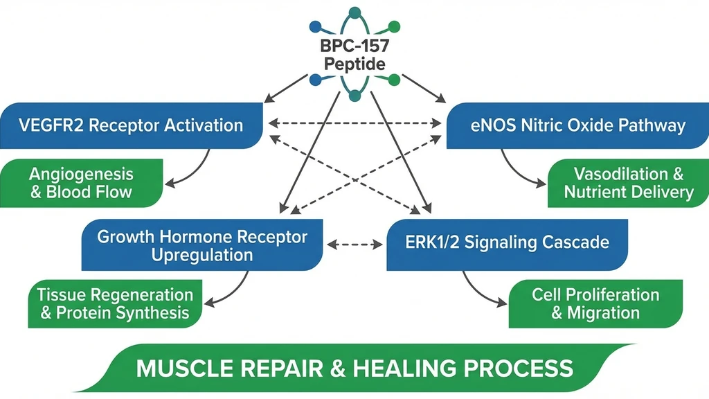 Molecular pathways of BPC-157 muscle repair: VEGFR2, eNOS, growth hormone receptor, ERK1/2
