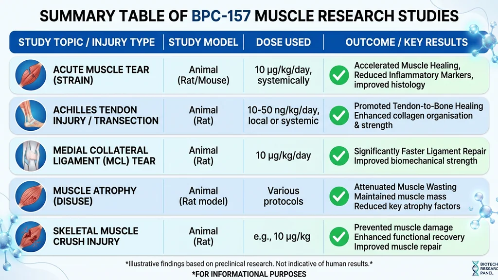 Summary of BPC-157 muscle studies showing injury types and outcomes