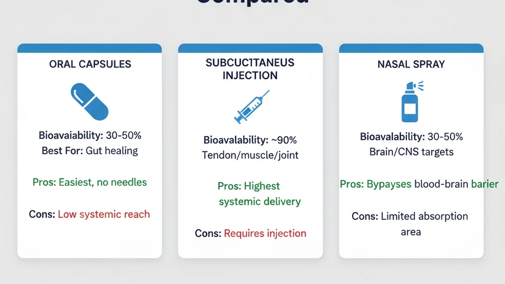 BPC-157 delivery routes compared: oral capsules, subcutaneous injection, and nasal spray bioavailability