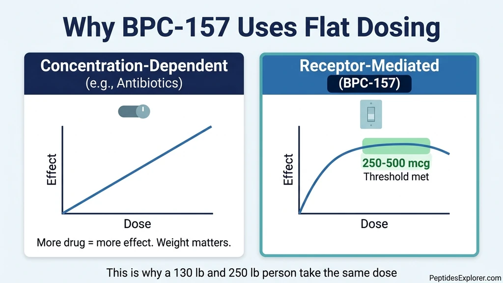 Why BPC-157 uses flat dosing: concentration-dependent vs receptor-mediated dose response curves