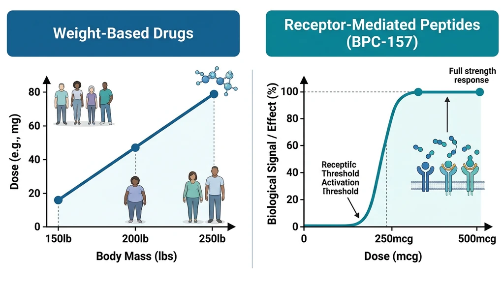 Diagram comparing weight-based drug dosing vs BPC-157 receptor-mediated signaling threshold