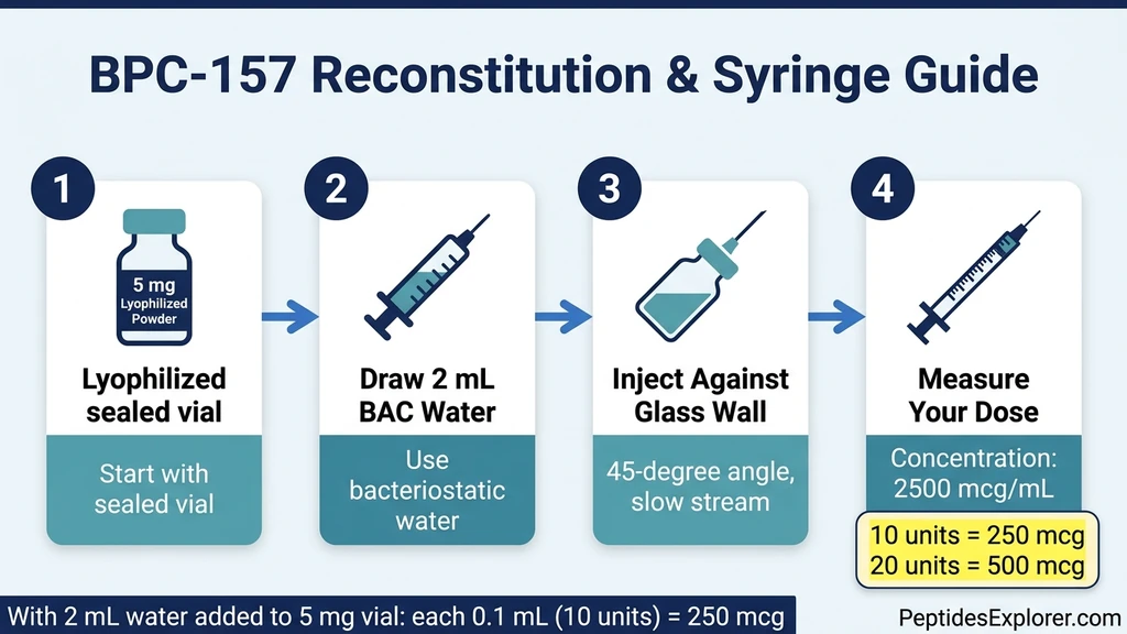 BPC-157 reconstitution and insulin syringe guide showing 4-step process with dose markings