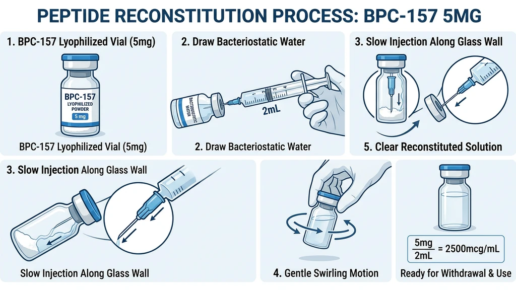 BPC-157 reconstitution infographic: 5mg vial with 2mL bacteriostatic water