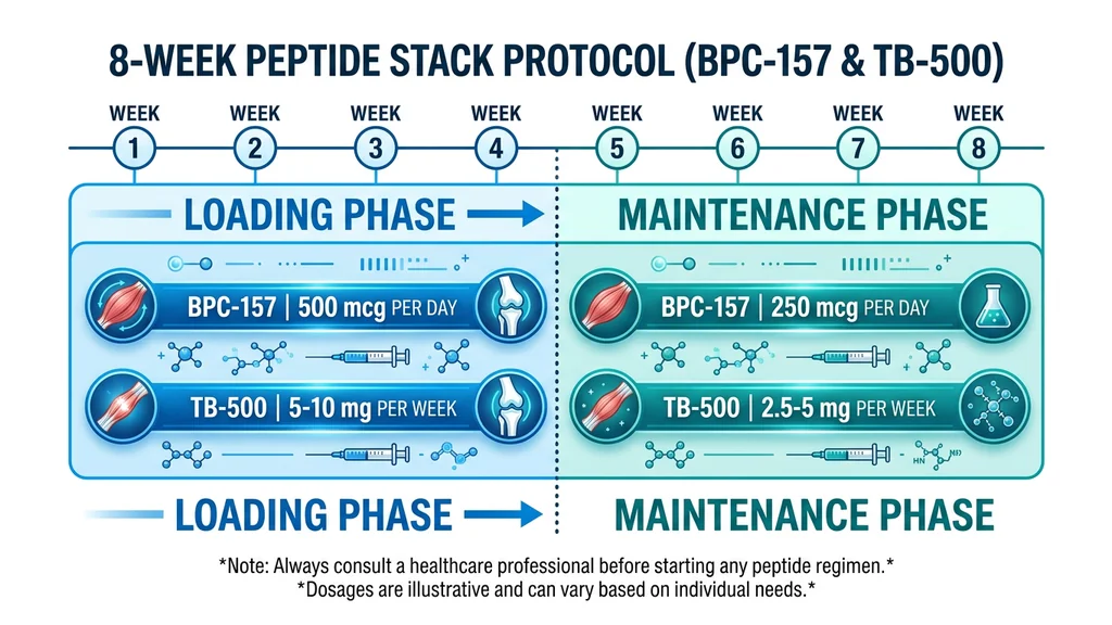 BPC-157 and TB-500 stack protocol timeline showing 8-week loading and maintenance phases