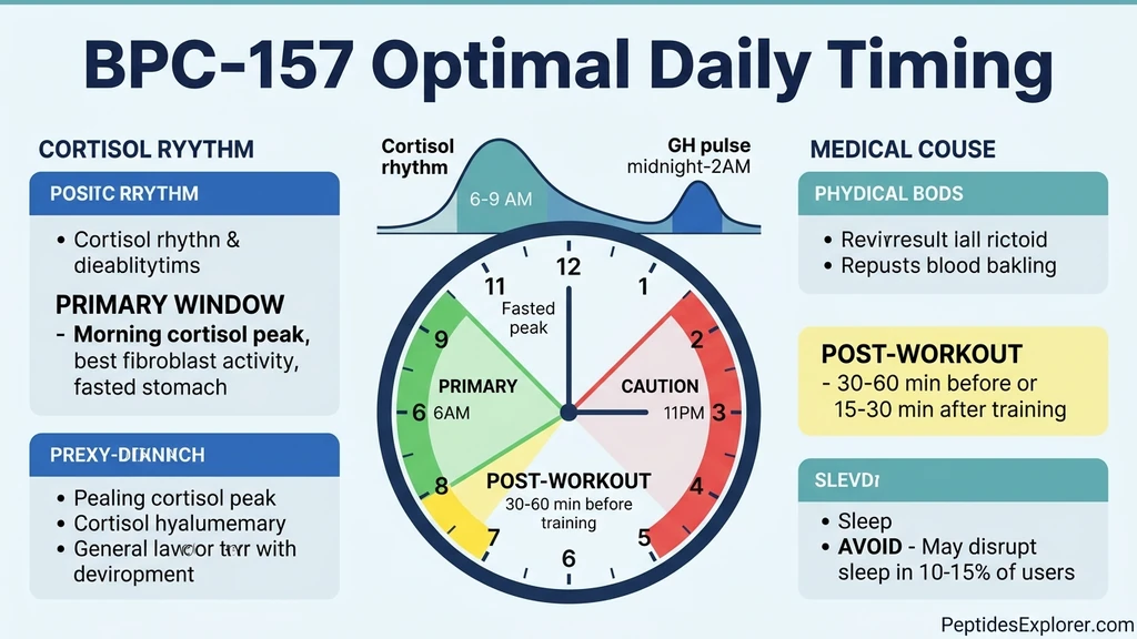BPC-157 daily timing infographic showing optimal 6-9 AM injection window