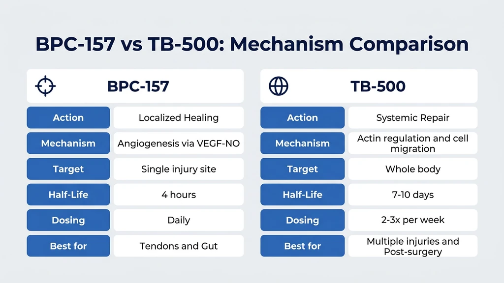 BPC-157 vs TB-500 mechanism comparison showing localized vs systemic healing