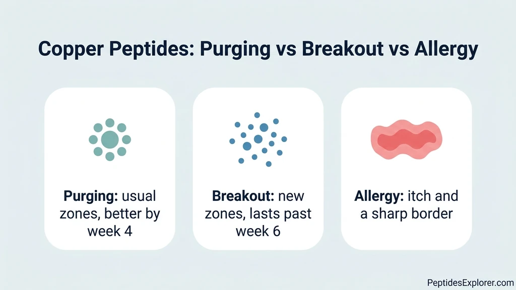 Can copper peptides cause acne: chart comparing purging, a true breakout and a copper allergic reaction