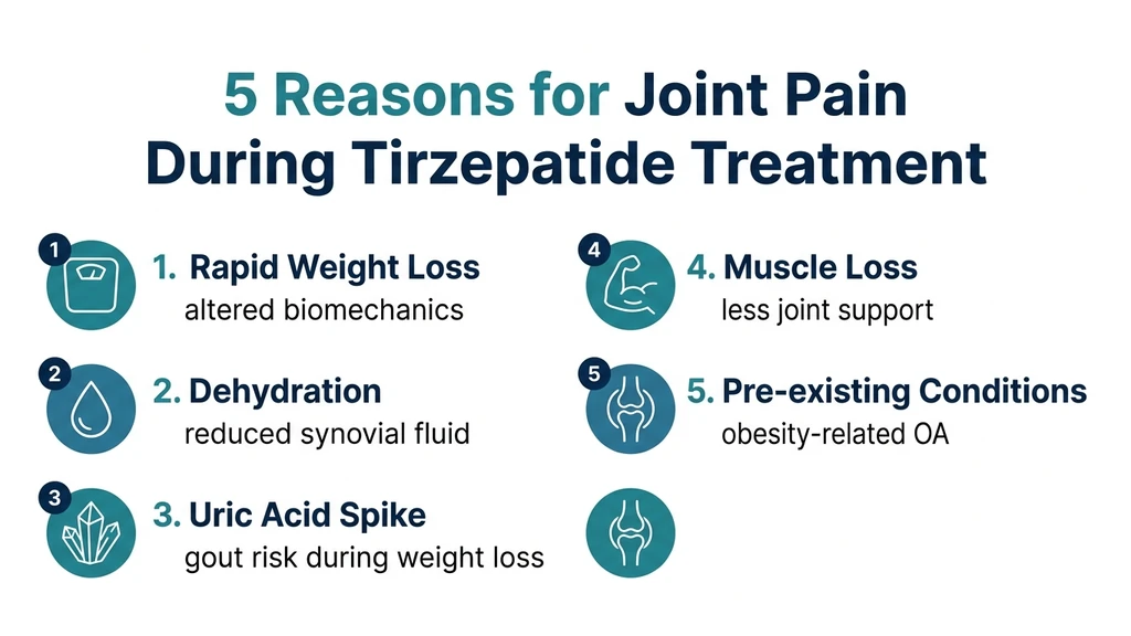 Five reasons for joint pain during tirzepatide treatment including weight loss, dehydration, and uric acid