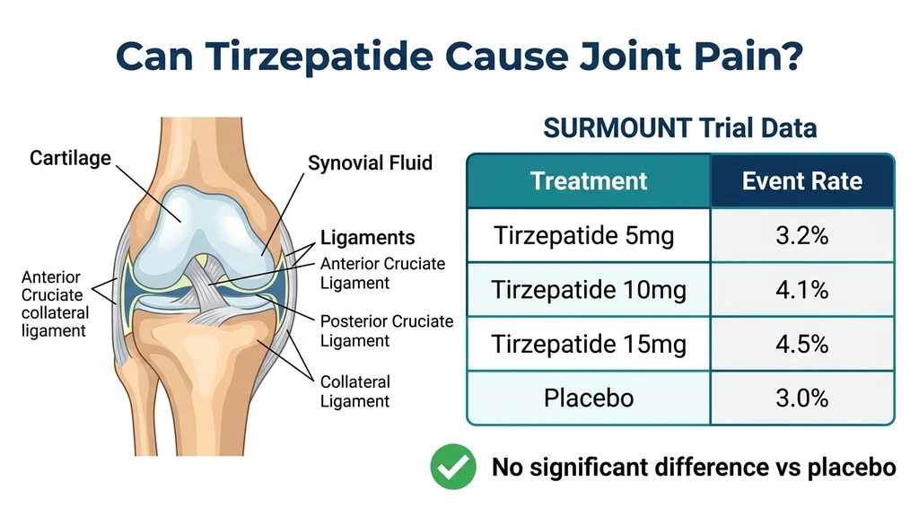 Tirzepatide clinical trial data on joint pain and arthralgia rates compared to placebo