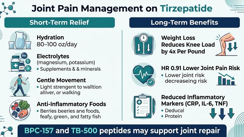 Joint pain management strategies during tirzepatide treatment including hydration, exercise, and peptide support