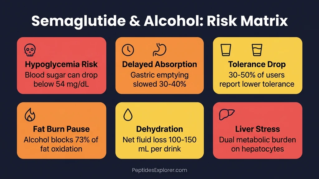 Semaglutide and alcohol risk matrix showing hypoglycemia, tolerance drop, dehydration, and fat burn pause