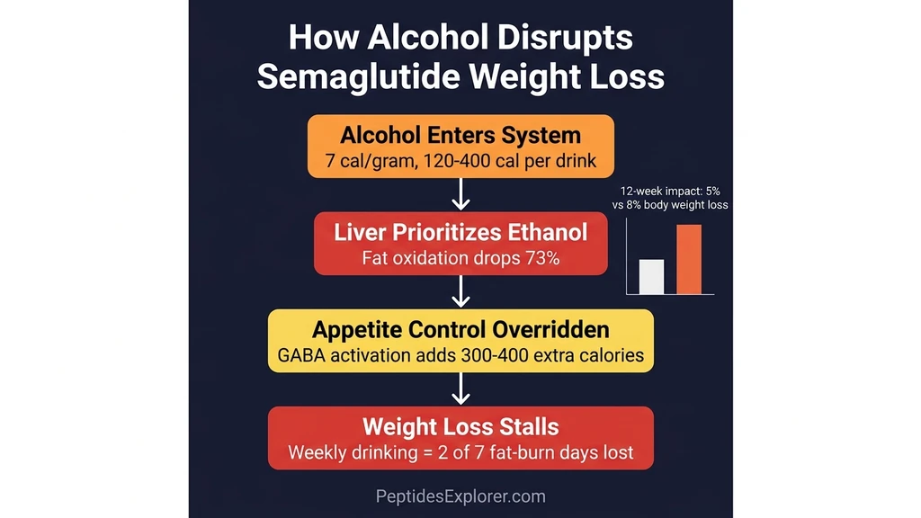 How alcohol disrupts semaglutide weight loss: fat oxidation drops 73%, appetite override adds 300-400 extra calories