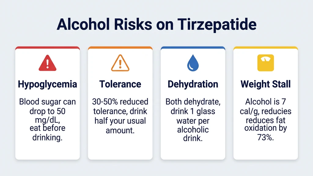 Four alcohol risks on tirzepatide including hypoglycemia and dehydration