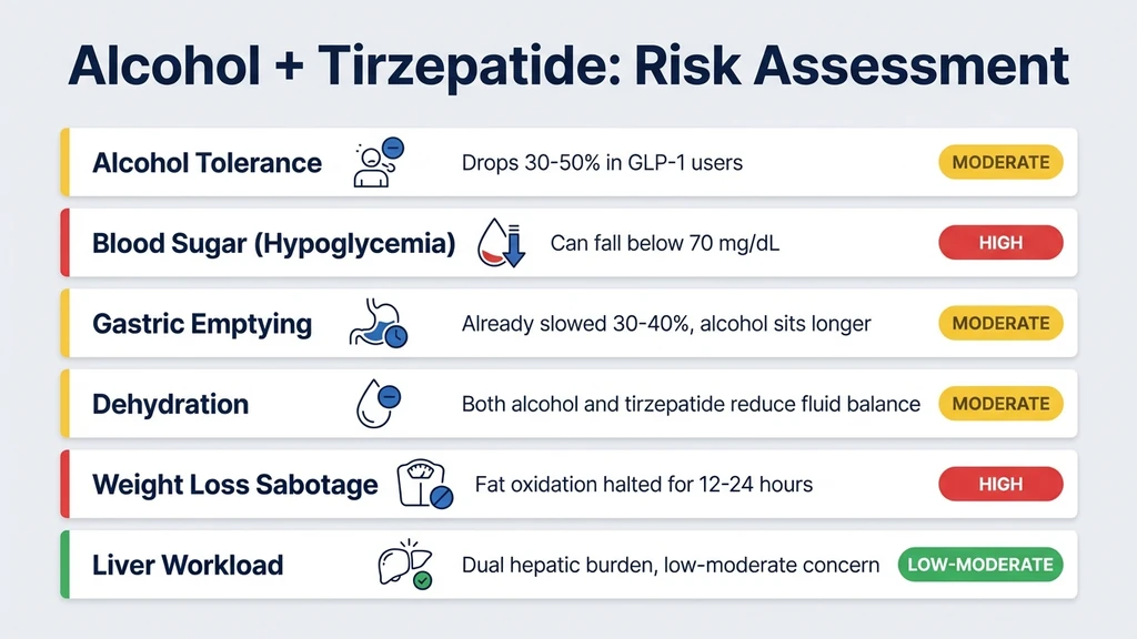 Alcohol risks on tirzepatide: hypoglycemia, tolerance, dehydration, and weight stall severity