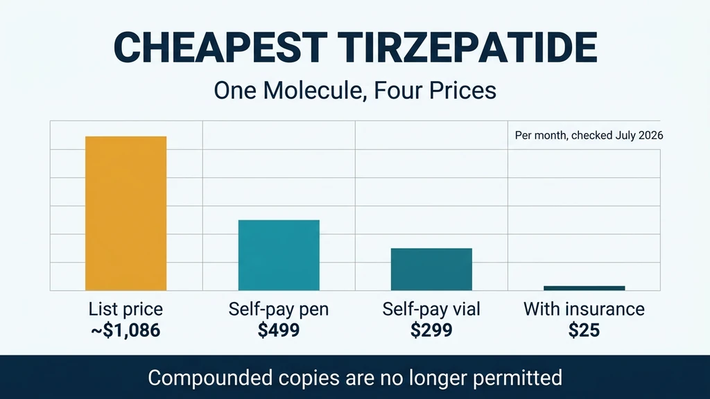 Comparison of tirzepatide pricing routes: insurance copay, manufacturer self-pay vials, and brand list price