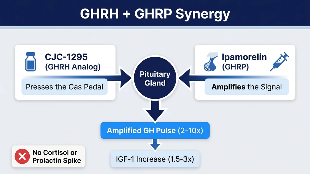 CJC-1295 and ipamorelin GHRH plus GHRP synergy diagram showing amplified GH pulse at the pituitary