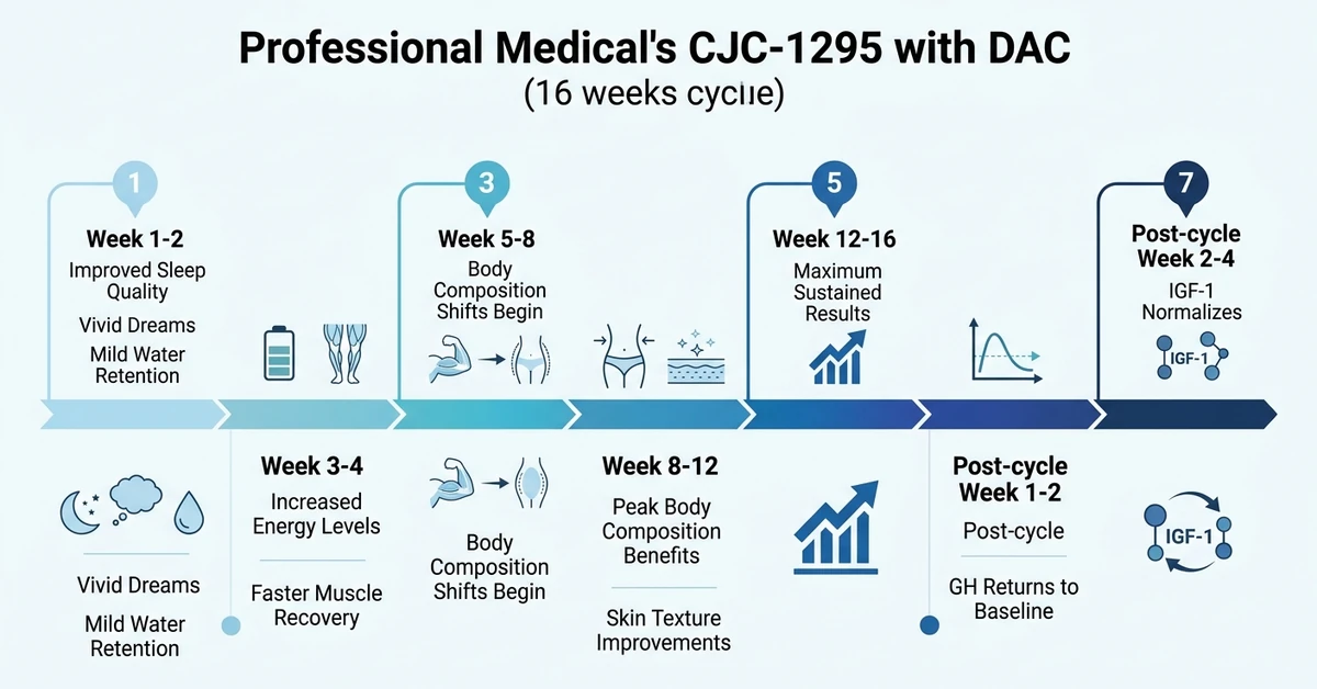 CJC-1295 with DAC results timeline chart showing week-by-week changes over a 16-week cycle