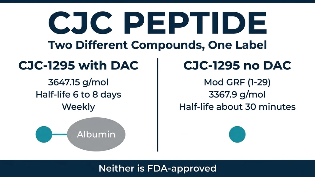 Vial labelled CJC-1295 next to a syringe, illustrating the DAC versus no-DAC identification problem
