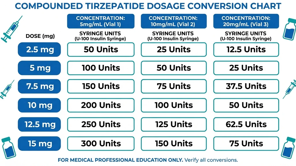 Compound tirzepatide dosage conversion chart showing units by concentration