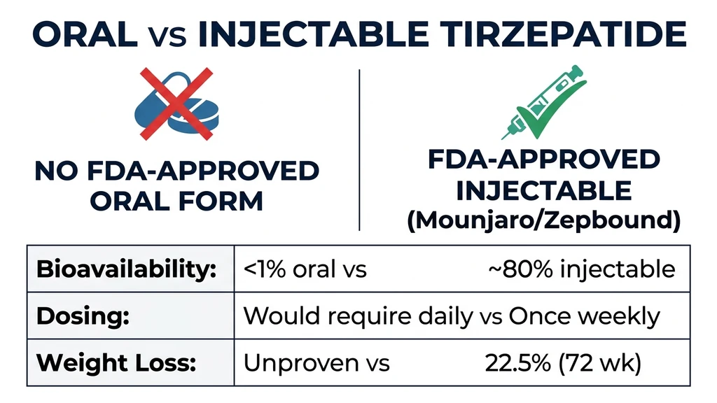 Oral tirzepatide vs injectable delivery comparison infographic