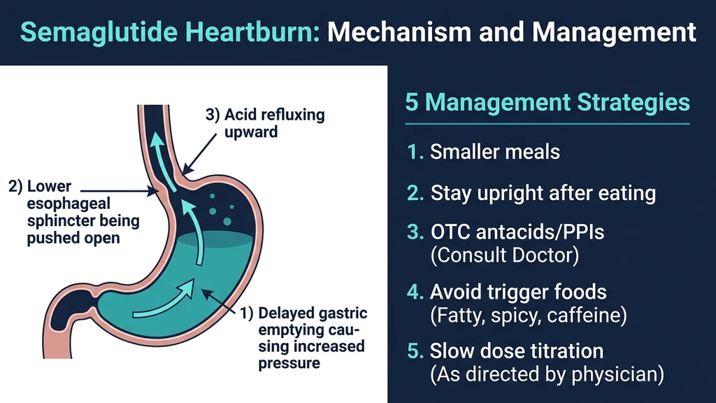 Semaglutide heartburn mechanism showing delayed gastric emptying and LES pressure