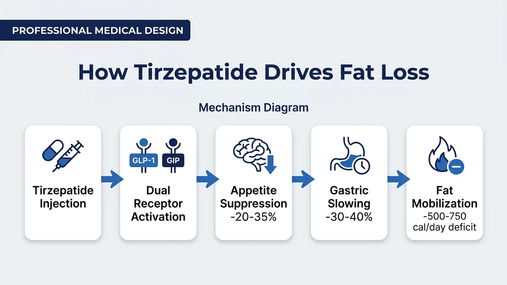 How tirzepatide creates fat loss through caloric deficit and dual receptor activation