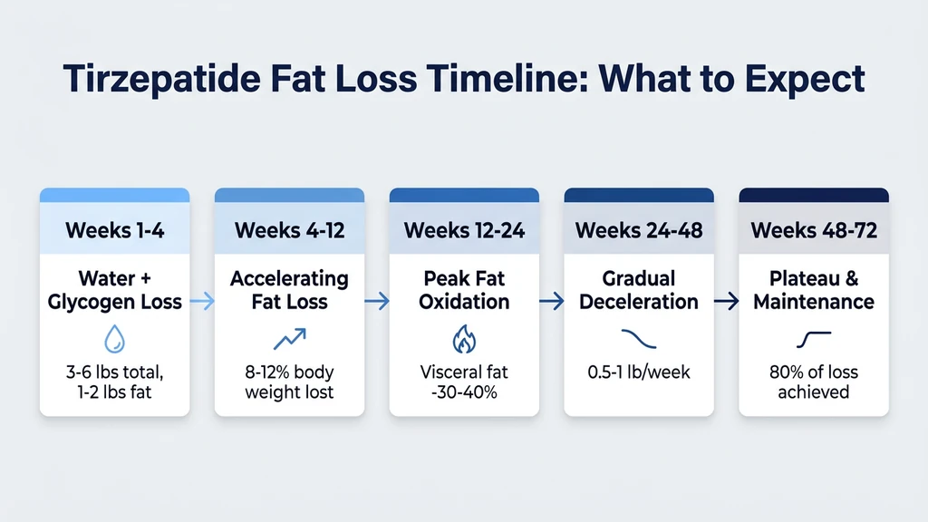 Tirzepatide fat loss timeline from week 4 through week 72
