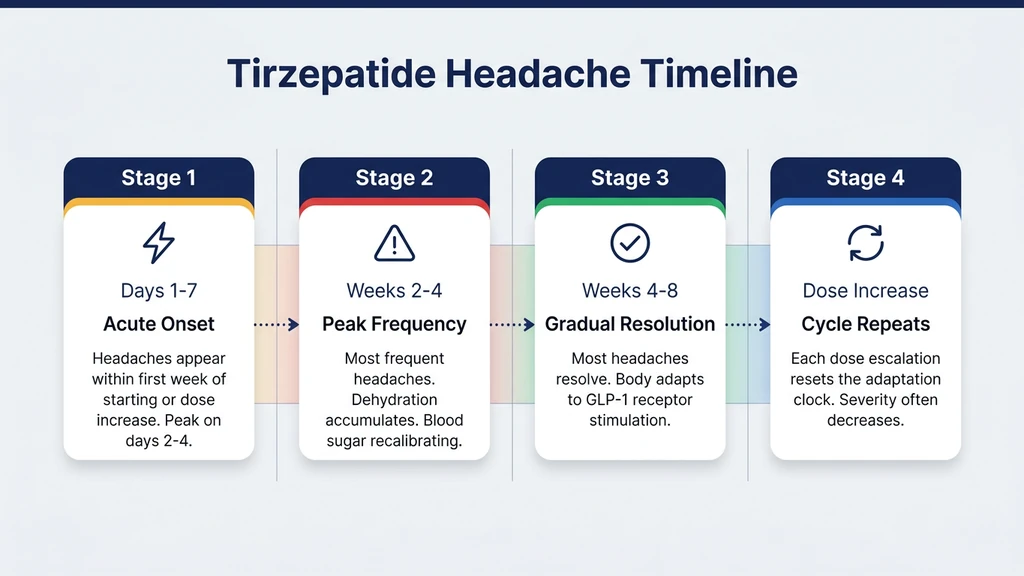 Tirzepatide headache timeline from onset through resolution at each dose level