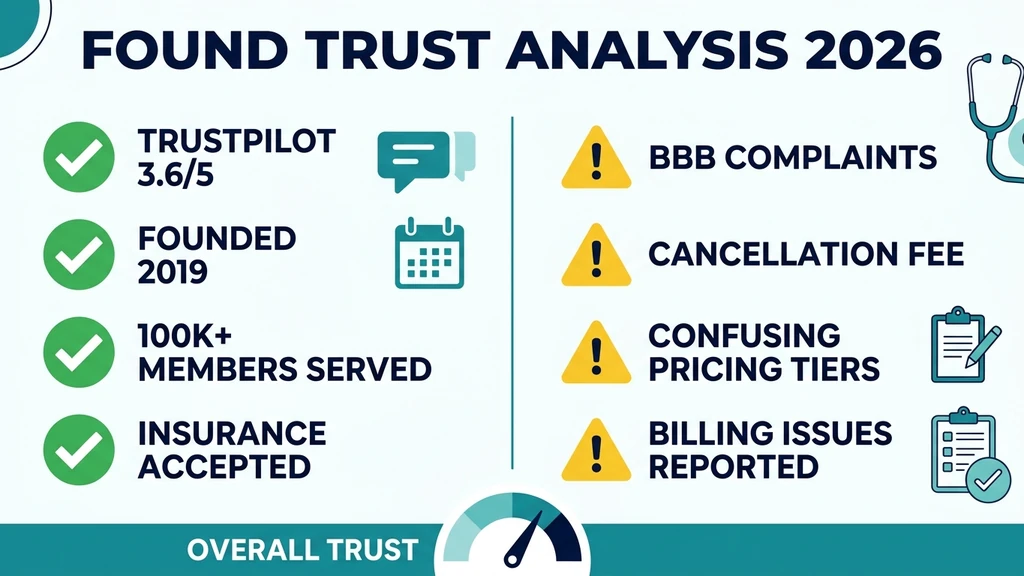 Found trust analysis 2026: Trustpilot 3.6 out of 5, founded 2019, 100K+ members served, insurance accepted alongside BBB complaints, $99 cancellation fee, confusing pricing tiers, and billing issues reported